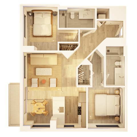 Floor plan for 2 beds, 2 baths, 959 sqft